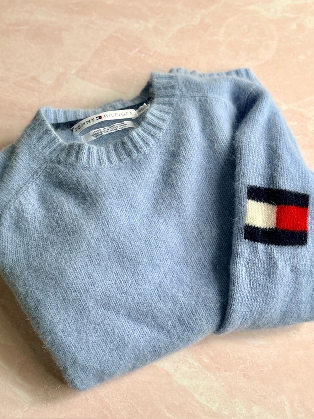 Vintage Tommy Hilfiger Lambs Wool Pale Blue Logo Sweater Sz S